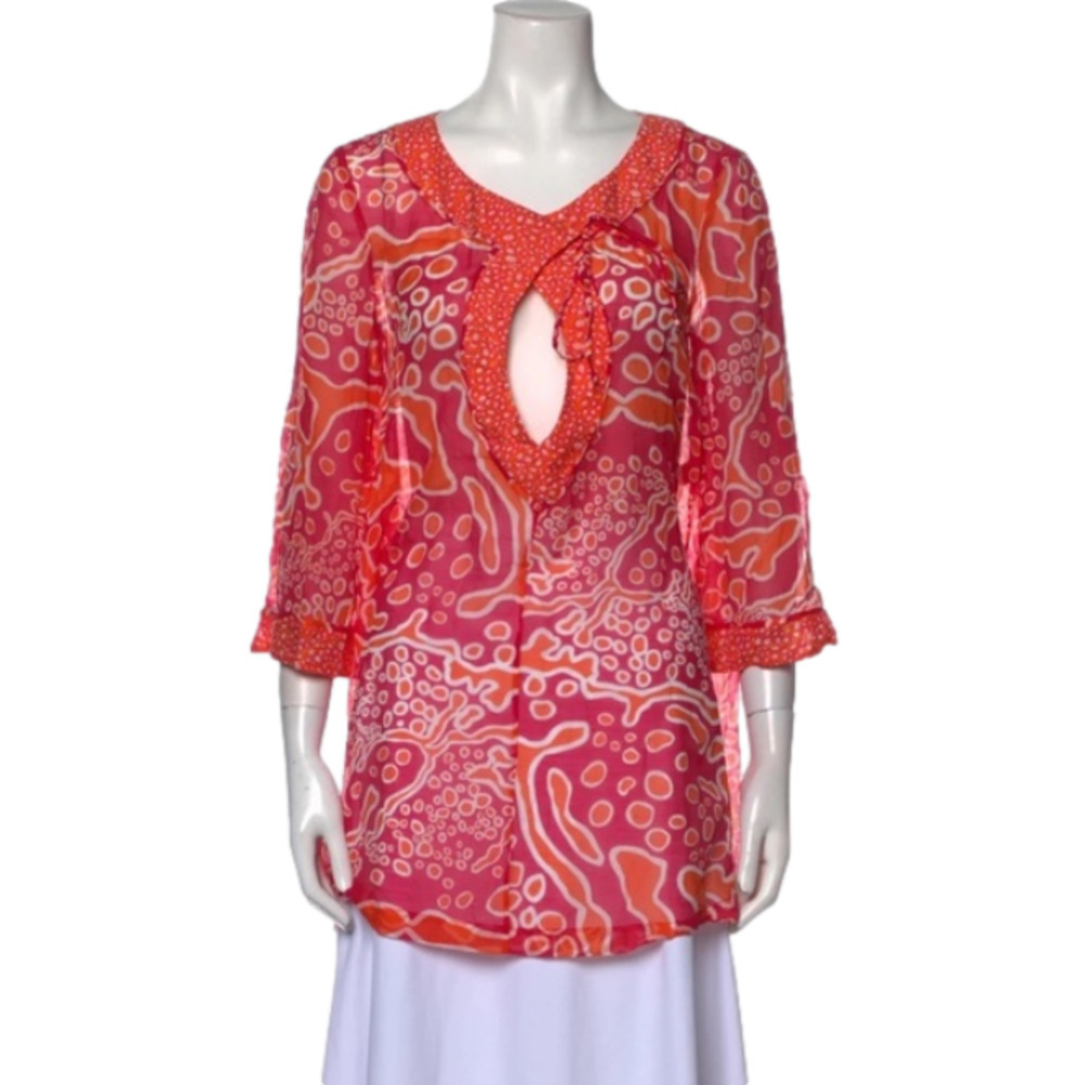 Diane‎ von Furstenberg Silk Cotton Blend Tunic Pink Orange Paisley Print Size M